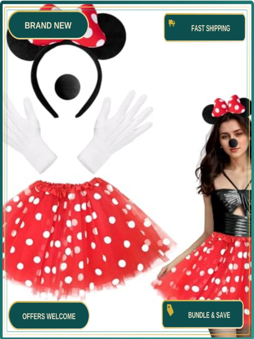 4PCS Mouse Costume Accessories: Ear Headband, 4 Layers Polka Dot Tutu, Nose